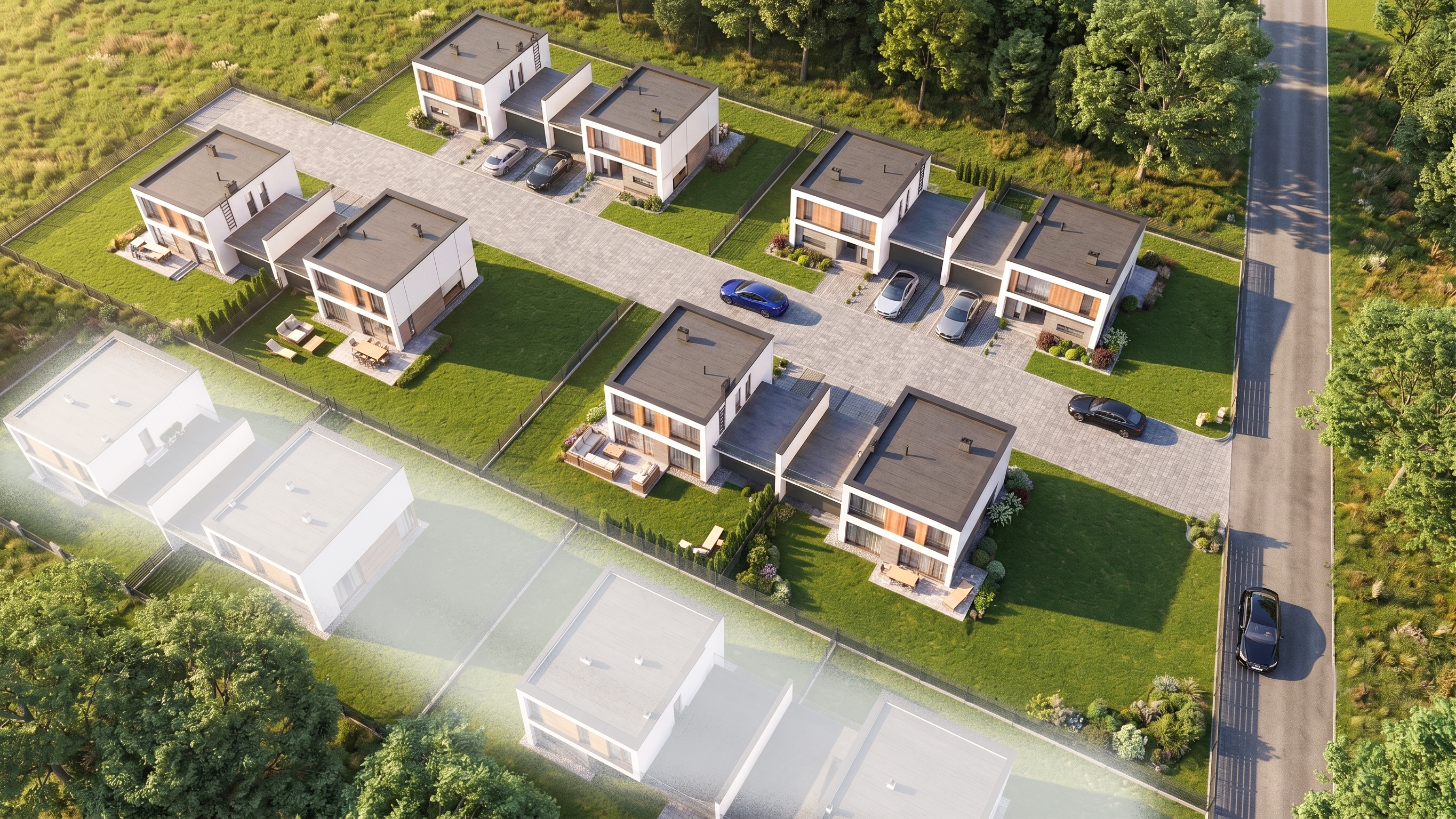 Słoneczne Stawy Reguły – widok osiedla z lotu ptaka (render)
